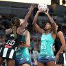 MELBOURNE, AUSTRALIA - MARCH 26: Mwai Kumwenda of the Vixens shoots during the round two Super Netball match between Collingwood Magpies and Melbourne Vixens at John Cain Arena, on March 26, 2023, in Melbourne, Australia. (Photo by Kelly Defina/Getty Images)