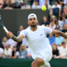Nick Kyrgios plays a forehand against Paul Jubb of Great Britain during their Men’s Singles First Round Match at Wimbledon.