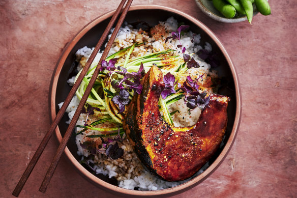 Rice bowls with sticky roasted pumpkin.