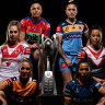NRLW captains (l-r): Kezie Apps (Dragons), Ali Brigginshaw (Broncos), Millie Boyle (Knights), Britt Breayley-Nati (Titans), Tiana Penitani (Eels) and Isabelle Kelly (Roosters).