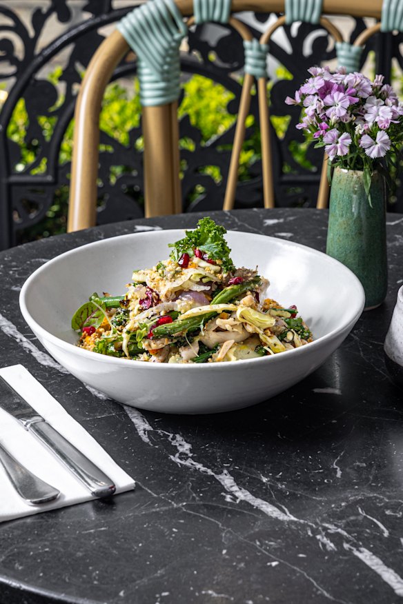 Chicken salad with sweet potato and greens. 