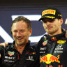 Christian Horner (left) celebrates with 2021 F1 World Drivers at the Abu Dhabi Grand Prix last December.