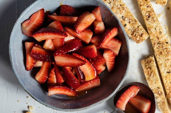 Burnt honey strawberries with dukkah shortbread.
