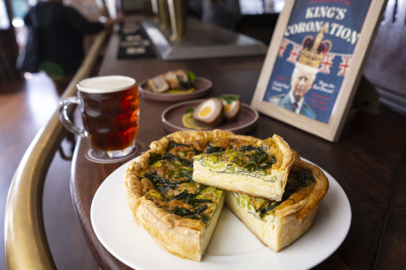 On the eve of the King’s coronation, The London Hotel in Balmain will be serving the coronation quiche containing spinach, broad beans, tarragon and cheddar cheese. They will also be serving scotch eggs, pork pie and Old Speckled Hen pale ale.  