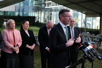 NSW Premier Dominic Perrottet announced his government’s new public sector wages policy at Liverpool Hospital on Monday
