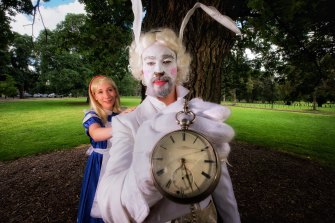 Melissa Davis and Christopher Tonkin in costume for an operatic take on <I>Alice in Wonderland</I>.
