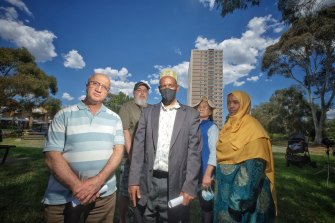 Collingwood public housing  residents (from left) Ali Arpaci, Alby Clark, Abdullahi Adan,
Kim  Chua and Fatuma Muhudin are concerned about the project. 