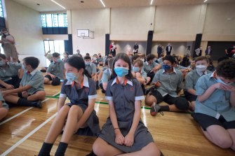 Masked Port Melbourne Secondary College students on Monday - their first day at school for 2022.
