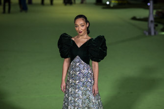 Ruth Negga in vintage Arnold Scassi on the green carpet of the Opening Gala for the Academy Museum of Motion Pictures