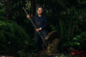 John Simpson at home in Beecroft with the Corinthian helmet and trident held by Britannia.