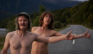 An “unhinged delight”: Damon Herriman as Bruno and Jackie van Beek as Laura hitch a ride in the New Zealand comedy Nude Tuesday.