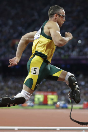 Pistorius runs in one of the men’s 400-meter semifinal races during the London Olympics.