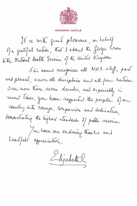 A copy of the handwritten message from Queen Elizabeth in support of the award of the George Cross to the NHS.