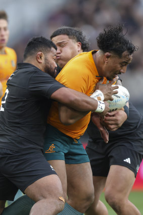 Pone Fa’aumasili charges forward against the All Blacks in Dunedin in 2023.