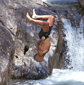 Shai Bolton performs a backflip while on a Richmond camp in Bright.