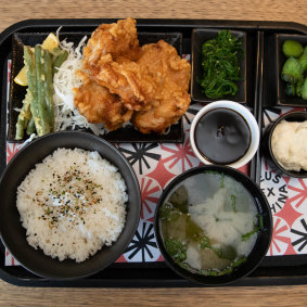 The Japanese chicken karage lunch tray from Deus Cafe in Camperdown, Sydney.