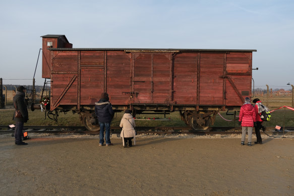 A rail car similar to those used to transport people to Auschwitz-Birkenau.