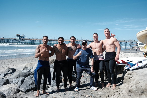 Big wave surfer Mark Mathews with Souths stars in San Diego.