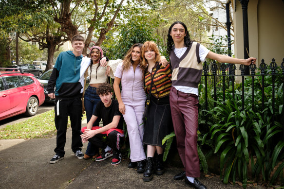 The teenagers at the heart of Year Of: Gus (Joshua Hewson), Priya (Tharanya Tharan), Mo (Samuel El Rahi), Maya (Isabella Graiche), Kate (Sophia Wright-Mendelsohn), and George (Samuel Dawson).