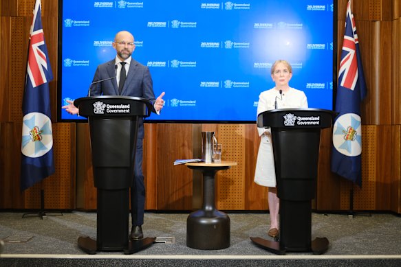 Queensland Treasurer David Janetzki and Finance Minister Ros Bates hold a media conference to outline the state’s mid-financial year budget update on Monday.