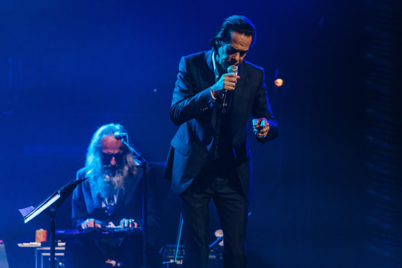 Nick Cave and Warren Ellis perform live at the Palais Theatre in Melbourne.