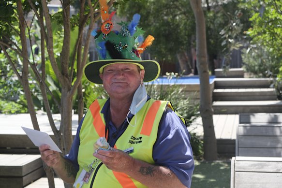 Terry Bux wearing one of the birthday hats made for him by students, which was an annual tradition.