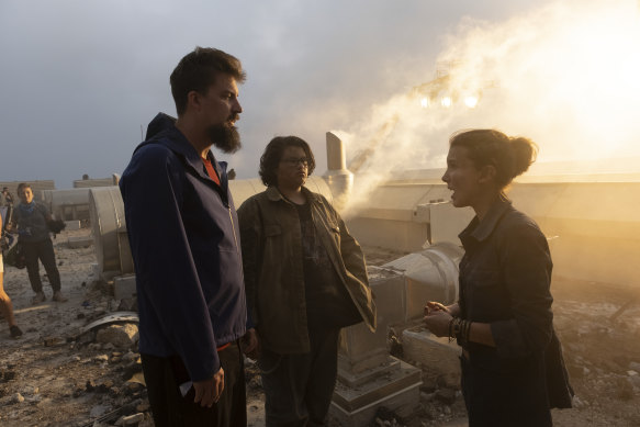 Director Adam Wingard with actors Julian Dennison and Millie Bobby Brown on the set of Godzilla vs Kong.