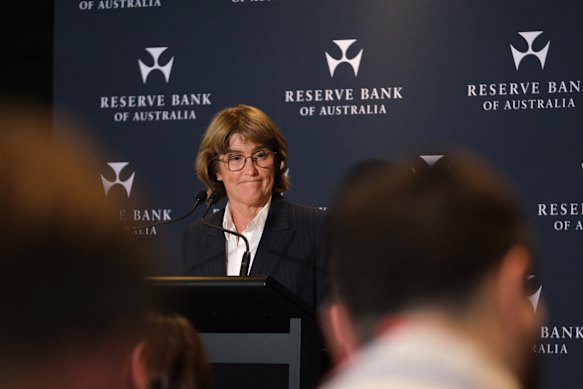 Michele Bullock, Reserve Bank governor, speaks to the media on Tuesday after her board decided to hike interest rates.