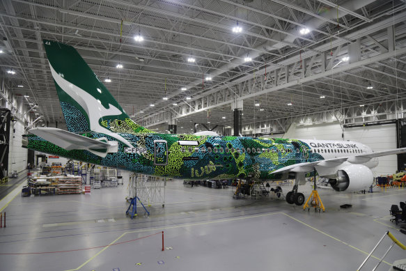 The first Qantas A220 at Airbus’ facility in Mirabel, Canada.