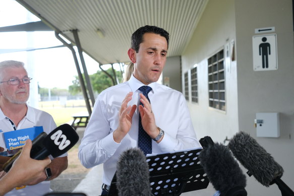 LNP leader David Crisafulli speaks to journalists during a campaign stop in Cairns on Tuesday.