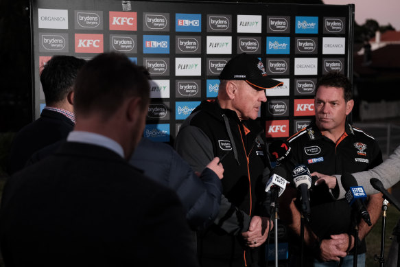 Tim Sheens and Brett Kimmorley front the cameras on Tuesday evening after the decision to sack Maguire.