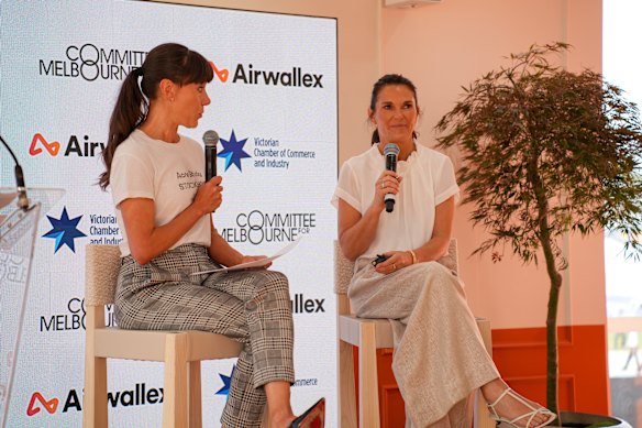 Kate Reid and Nicole Piastri on stage at the Victorian Chamber Grand Prix breakfast on Thursday. 