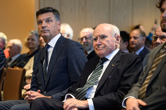 Opposition Leader Angus Taylor (left) and former prime minister John Howard.