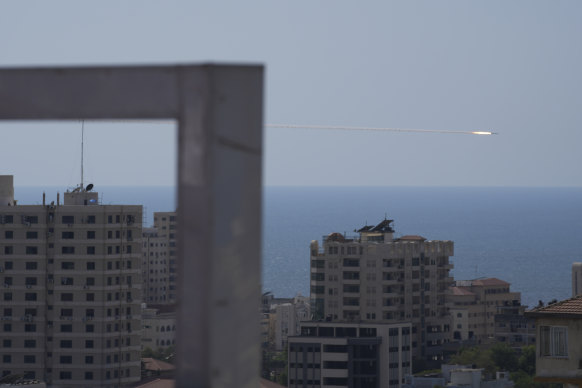 A rocket is launched from the Gaza Strip towards Israel, in Gaza City on Sunday.