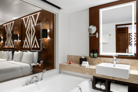 Luxe soaking tub in the double guestroom.