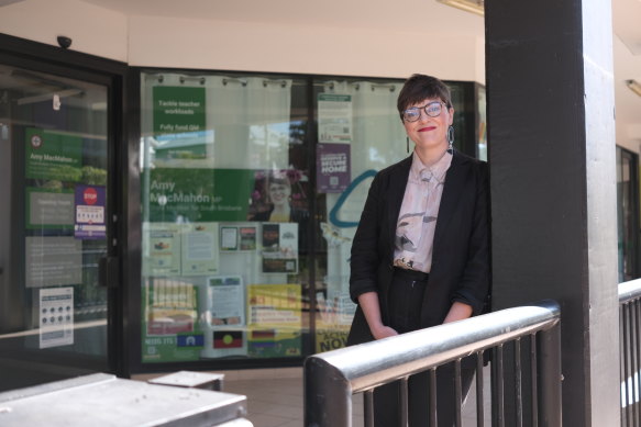 South Brisbane Greens MP Amy MacMahon outside her state electorate office on Vulture Street, West End. 