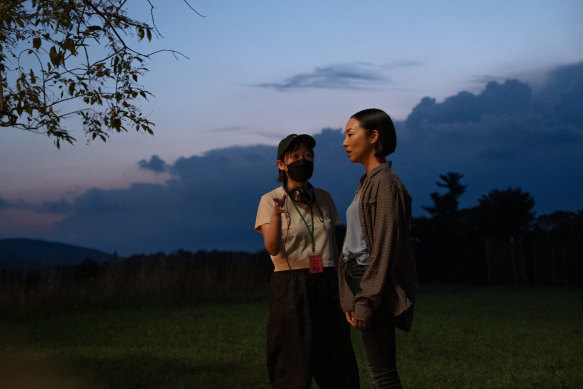“It felt like an ordinary evening but also something extraordinary was happening”: Celine Song with Greta Lee on set.