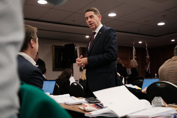 Queensland Treasurer Cameron Dick speaks to reporters during the 2023-24 state budget lockup.