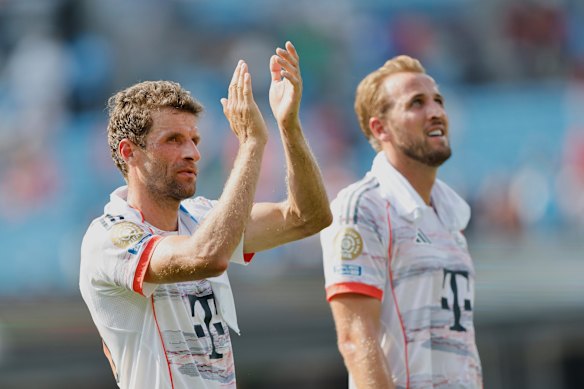 Thomas Müller and Harry Kane after one of Bayern Munich’s matches at the Club World Cup.