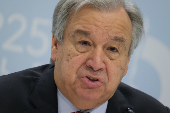 United Nations Secretary-General Antonio Guterres speaks to the media ahead of the COP25 climate conference in Madrid.