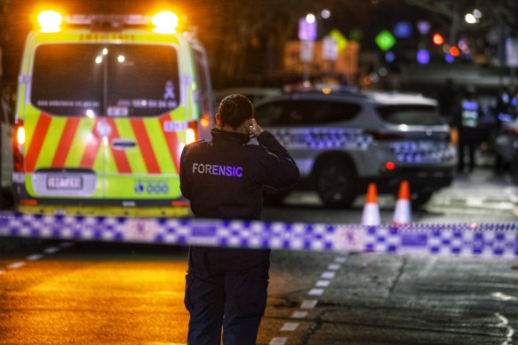 Police at the scene of a fatal shooting in Fitzroy on Tuesday.