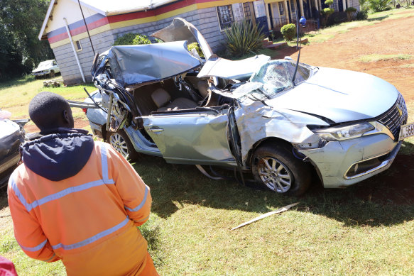 Kelvin Kiptum died when the car he was driving (pictured) crashed into a ditch and hit a tree.