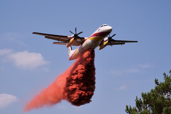 A firefighting aircraft releases fire retardant in Lanton, south-west of Bordeaux.