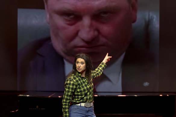 Amanda Bishop as Jacqui Lambie in The Wharf Revue.