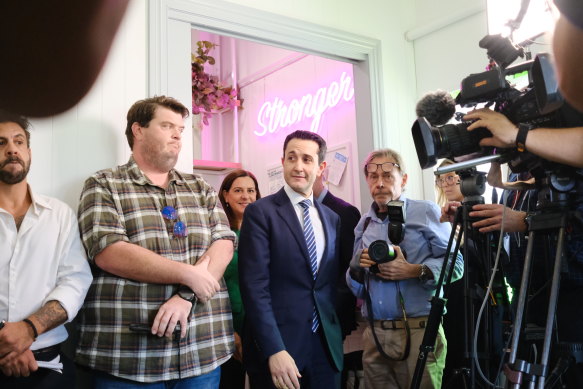 Queensland Premier David Crisafulli arrives to speak to media at the Women’s Legal Service in Annerley on Tuesday.