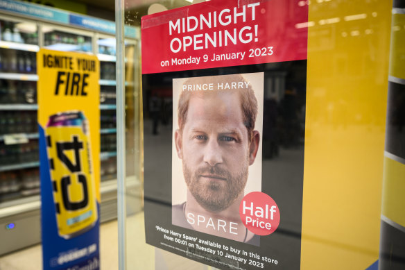 A poster advertising the launch of Prince Harry’s memoir Spare in a store window in London, England. 