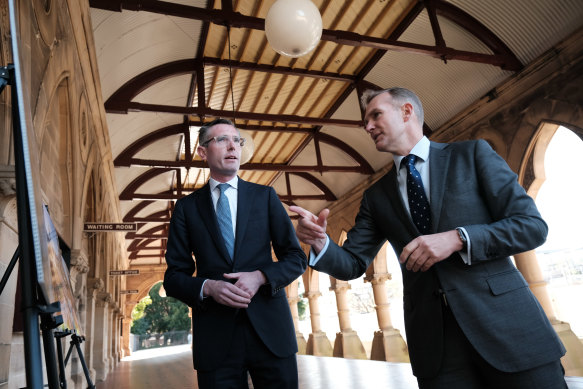 Then Cities and Infrastructure Minister Rob Stokes with Premier Dominic Perrottet at the launch of the Central Station renewal project in August 2022. 