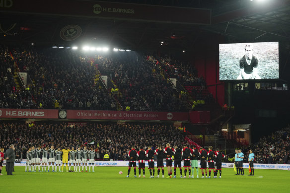  image of former Manchester United and England player Bobby Charlton is shown on a large shown following the news of his death at the age of 86 ahead the English Premier League soccer match between Sheffield United and Manchester United.