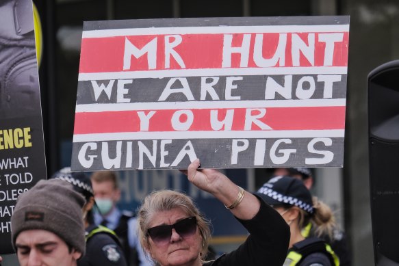 An anti-vaccination protest at Health Minister Greg Hunt’s office on Saturday.