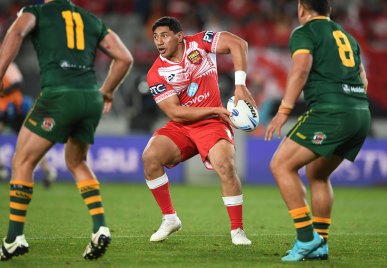 The forward in action for Tonga during their historic win over Australia.
